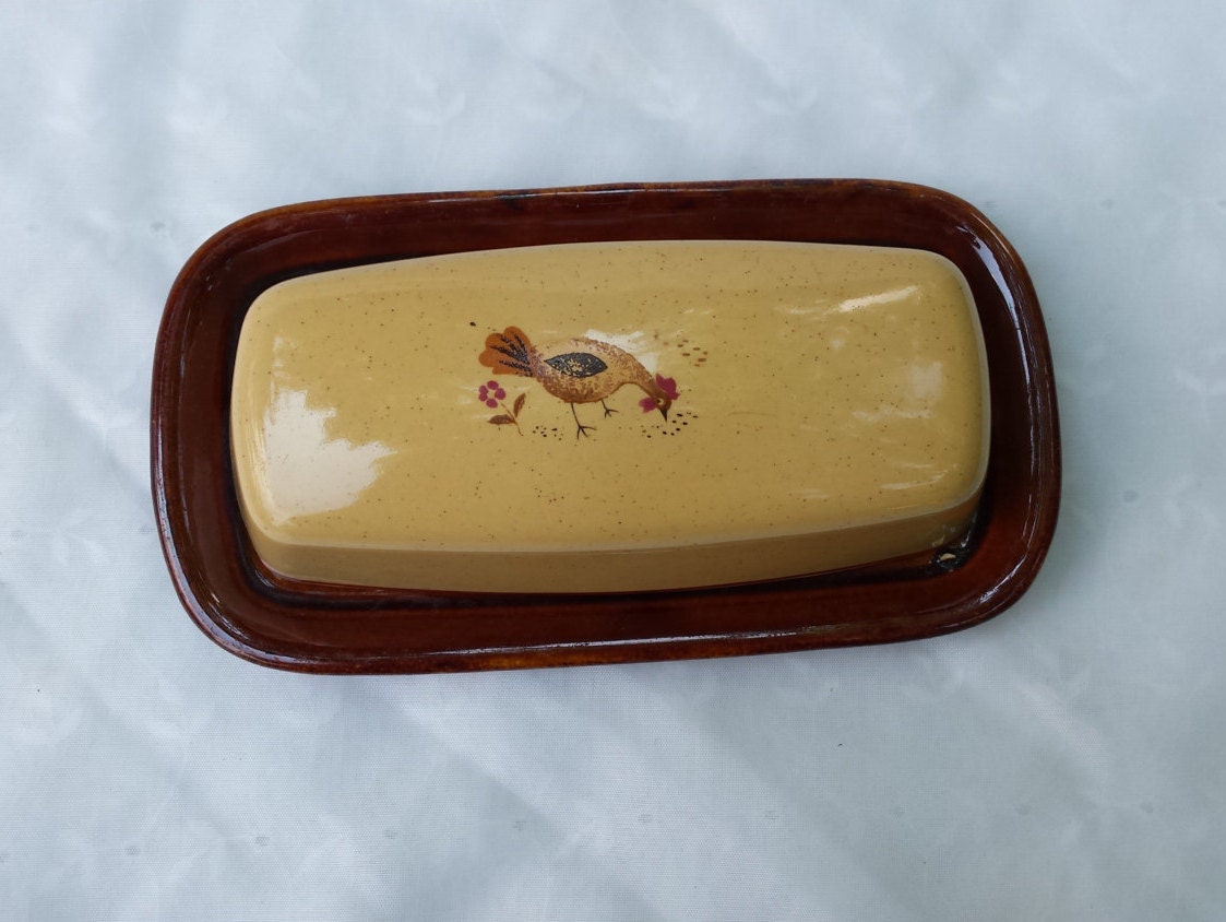 Vintage Ceramic Rooster Butter Dish