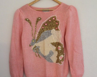 1980s Vintage Butterfly Sweater Pastel Pink Rayon Blend Metallic Thread Ladies Medium SALE