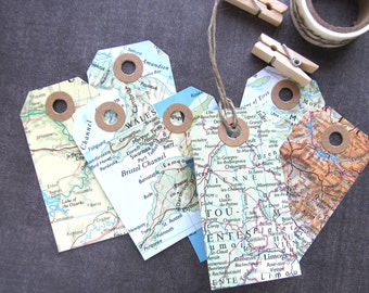 Map Tags, Travel Theme Wedding, Shower, Party Favor Tags, Gift Tags, Kraft Reinforcements, Cream Cardstock Backing, Rustic, Set of 12