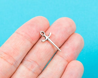 10 Small Silver Tone Metal FENCING SWORD Charm Pendants . 20 x 9mm . chs0241