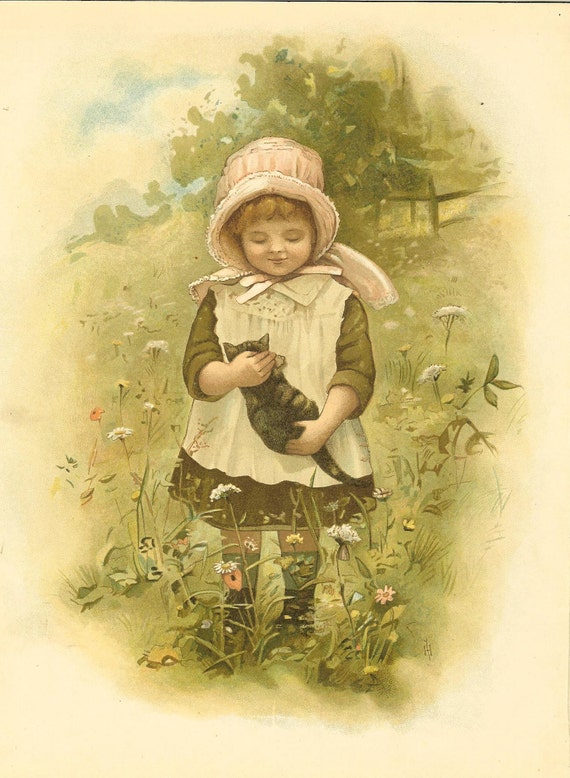Victorian 1895 Raphael Tuck Antique Childrens Print Young Girl Pink Bonnet Holding Kitten Flower Meadow Vintage Book Plate Book Illustration