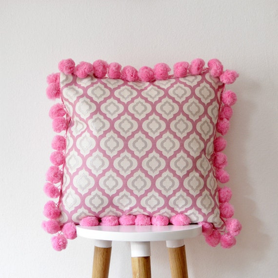 Pink Moroccan Pillow, Pink Pompoms, Jumbo Pompoms, Pink Throw Pillow, Moroccan Pillow, Nursery Decor, Throw Pillow, Pink Pillow