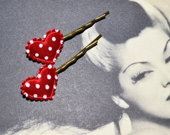 Heart Bobby Pins, Polka Dot Hair Grips, Red Heart Hair Slides, Rockabilly Hair Accessories, Red Bobby Pins, Dotty Hair Pins, Red Polka Dot