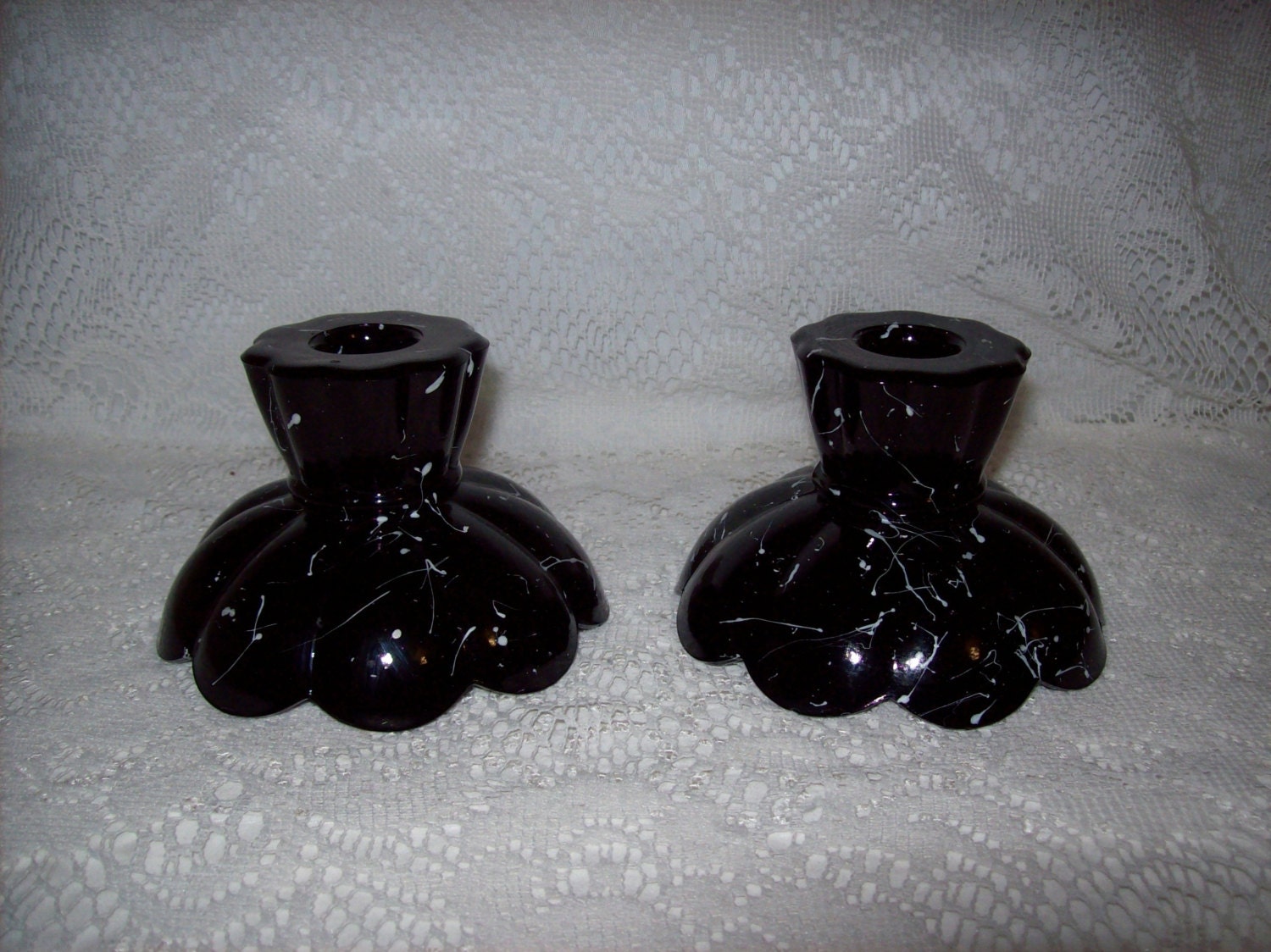 Vintage Ebony Black Glass Candle Holders w/ White by SusOriginals