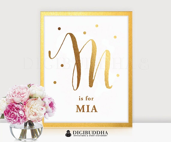 BABY MONOGRAM Gold Foil Print Personalized NURSERY 8x10 5x7 M is for ...