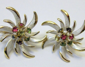 Vintage Enamel Rhinestone Flower Earrings Signed ACT II