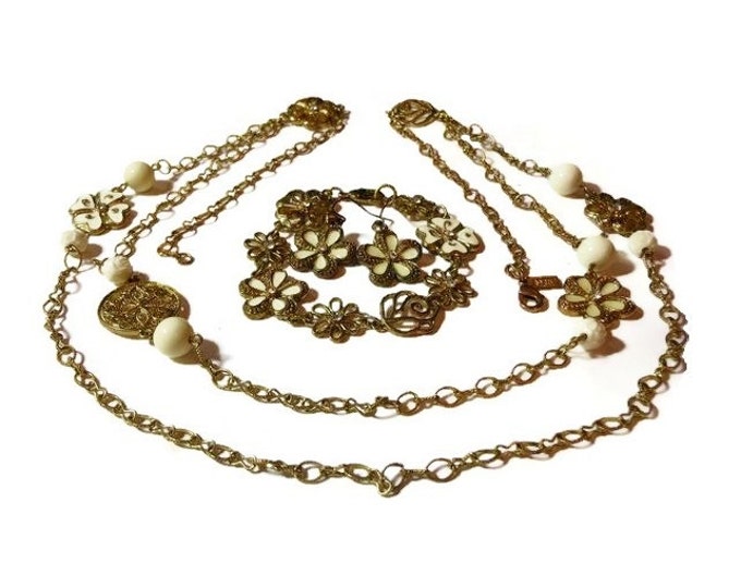 1928 necklace, bracelet and earrings, gold chain, enamel flowers, flowers with rhinestones, floral discs and floral and plain cream beads