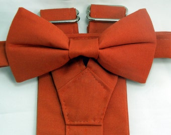Burnt Orange Suspenders and Burnt Orange Bow tie set. Bridal Color Burnt Orange.