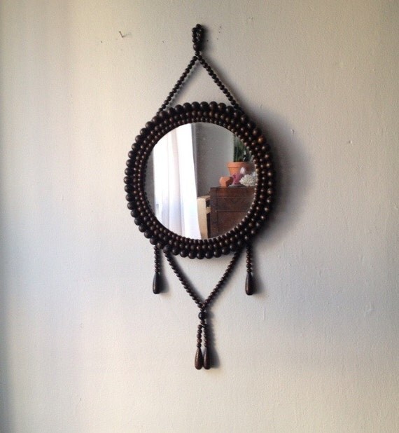 vintage boho hanging mirror. beaded wooden hippie mirror.