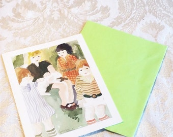 Blank Note Card and Green Envelope / Vintage Current Watercolor Children Stationery