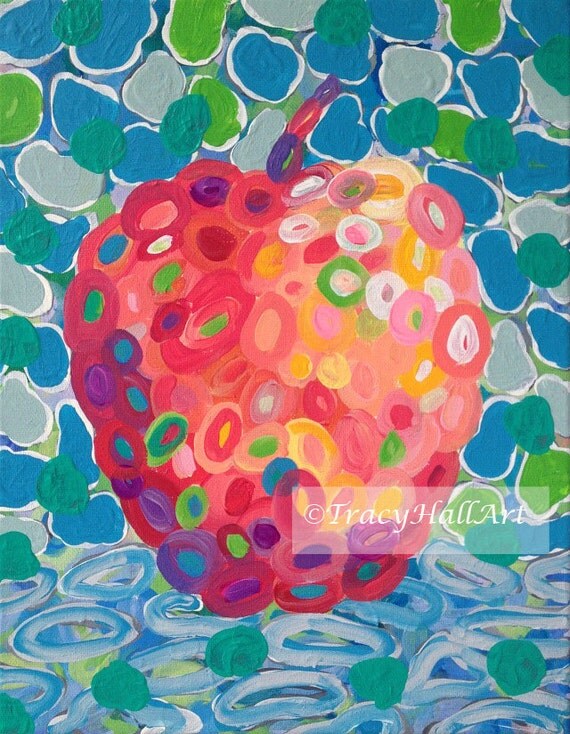 Apple Painting Fruit Art Abstract Coral Gray Blue Colorful