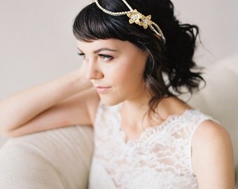Double Flower Crystal Wedding Headpiece, Gold or Silver Crystal Bridal Headband #210HB