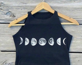 Moon Phases Black Halter Crop Top