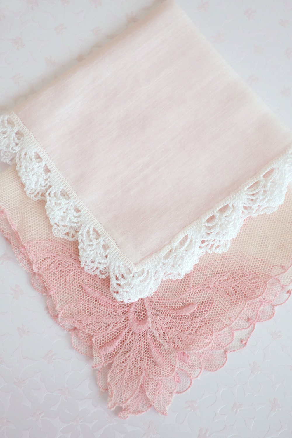 Pair of Vintage Pink Lace Handkerchiefs