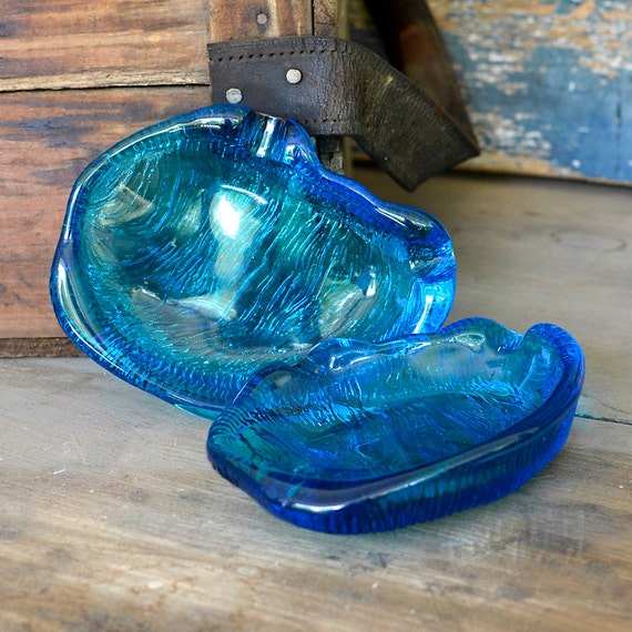 Retro Blue Glass Ashtray Pair Set of 2 Unique by OneRustyNail