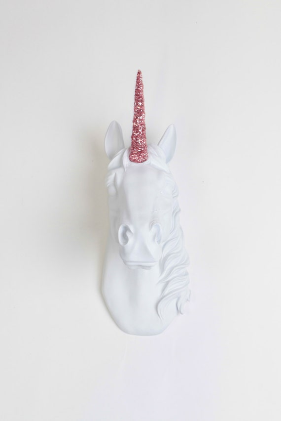 The Bayer Unicorn Head Mount in White Rose Glitter Staff - Unicorn Decor by White Faux Taxidermy - Unicorn Wall Mount Art - Kids Room Decor