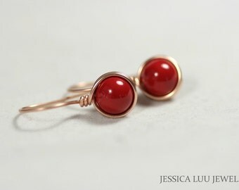 Rose Gold Red Coral Earrings Wire Wrapped Jewelry Handmade Rose Gold Earrings Rose Gold Jewelry Red Earrings Red Coral Jewelry