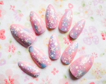 Pastel Galaxy Fake Nails, Stiletto Nails, Almond Nails, Press on, Nails, Acrylic, Pink Galaxy, Pastel, Fairy Kei, Kawaii, Lolita, Fake Nails
