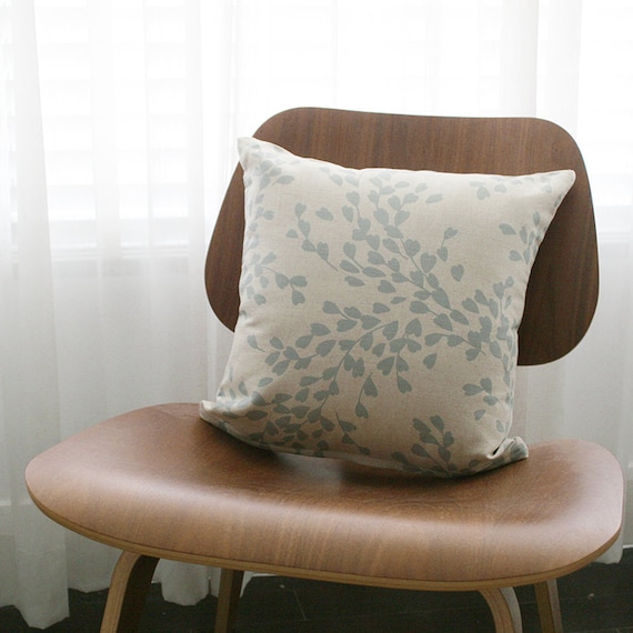 16x16 Beige / Blue Gray Floral Throw Pillow Cover