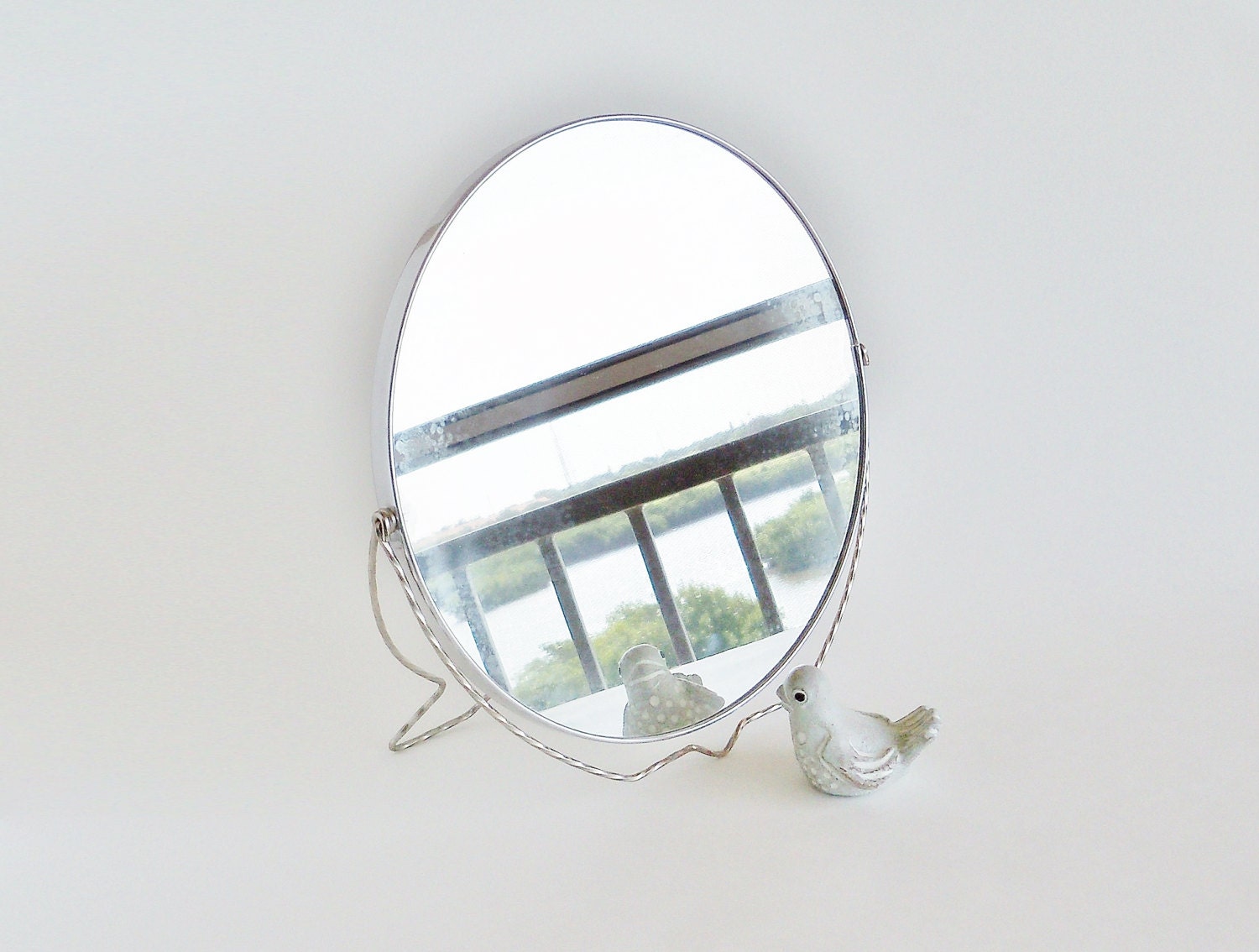 Sleek Metal Round Vanity Stand Mirror