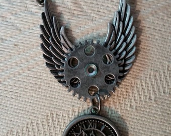 Steampunk Winged Clock and Gear Necklace