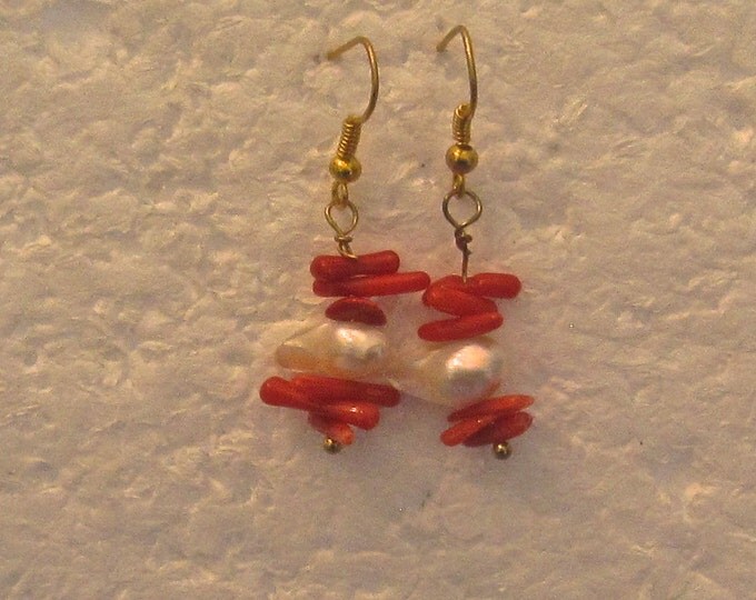 Pearl and Coral Earrings, Natural, 1.5 Inches Long, Gold Plate French Hooks E113