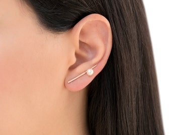 Pair of rose gold bar earrings, pearl minimal earrings,rose gold ear cuffs,rose gold ear climbers,bridesmaid jewelry,hypoallergenic earrings