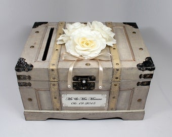 With Cards Slot Wooden Wedding Card Box Trunk. Vintage Shabby Chic Wedding Decor. Neutral, Ivory, Champagne, Pearl. Card Holder. Money Box