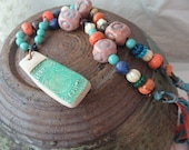 BACK2SCHOOL SALE: Beachy Boho Necklace with polymer clay pendant, pottery beads, gemstones, glass, Sari silk ribbon, and more