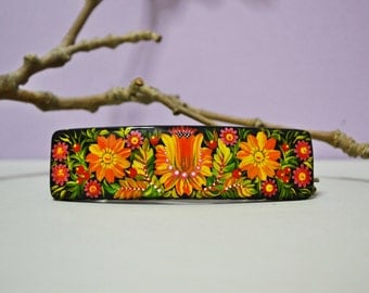 Hand painted Hair Barrette Wooden Hair Clip Handmade Ukrainian folk art Petrykivka painting.Made to order.