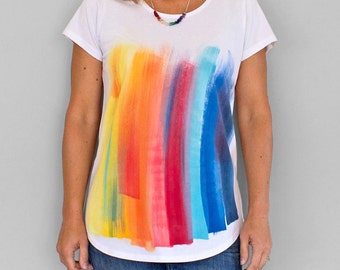 RAINBOW on WHITE . Rainbow T-shirt. Women's t shirt. Hand painted tees. Unique t shirts. Rainbow top.