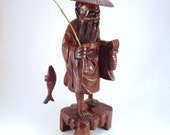 Vintage Tall Carved Wood Asian Fisherman, Wooden Fisherman Figurine with Fish and Fishing Pole, Wood Carved Asian Folk Art, Lake Cabin Decor