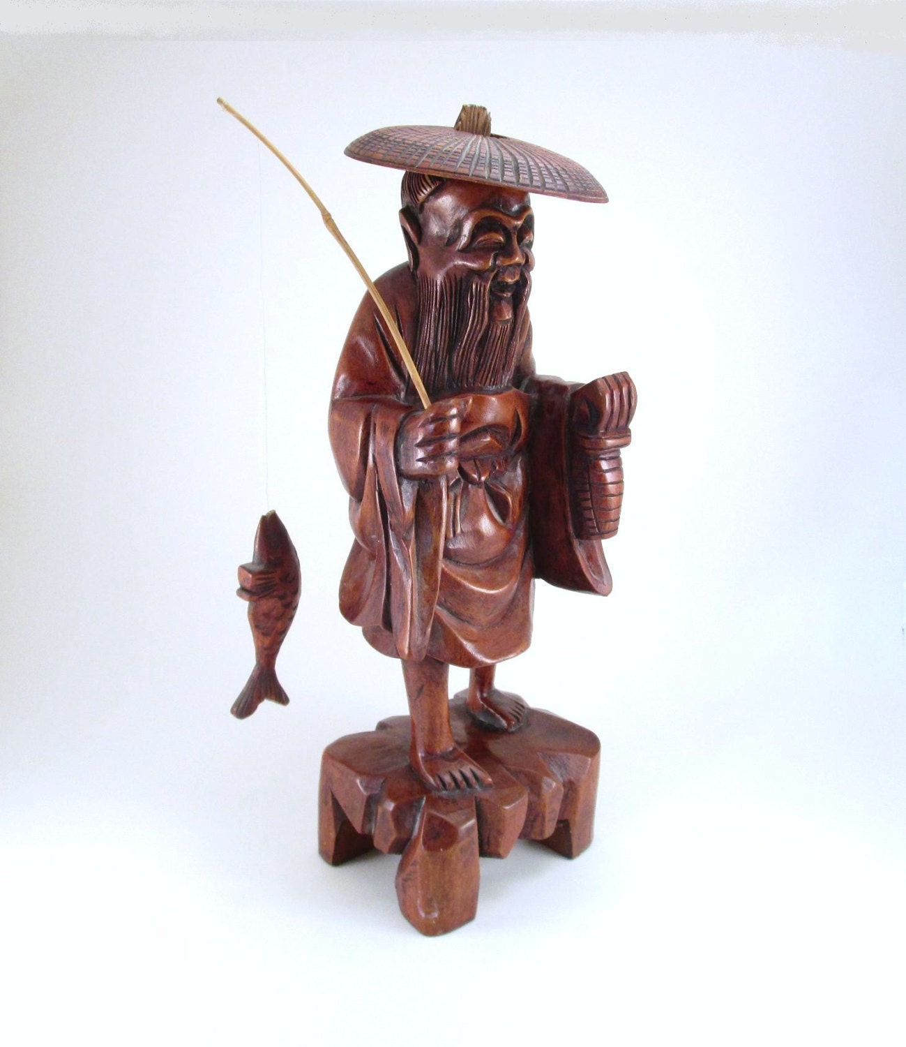 Vintage Tall Carved Wood Asian Fisherman Wooden by TREASUREandSUCH
