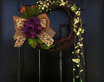 Summer wreath with cascading floral, hydrangea wreaths, summer decor, wreath for summer, spring door wreaths