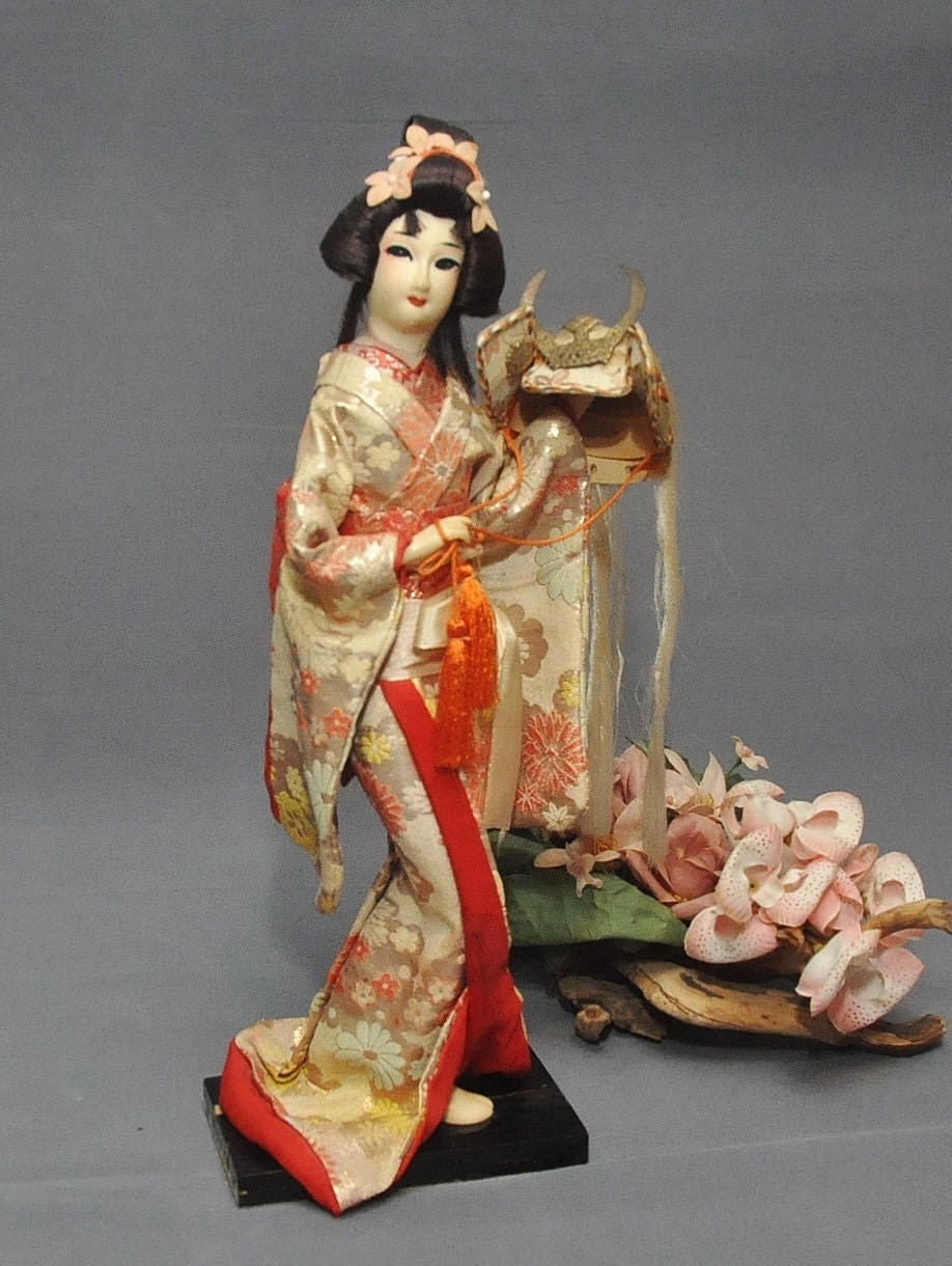 Vintage Japanese Geisha Doll with Samurai Kabuto Circa 1950s