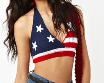 American flag Colorful crop top bikini top, Festival/boho/navy/4th of July/american flag/honeymoon/indie/wedding/casual/crochet crop top
