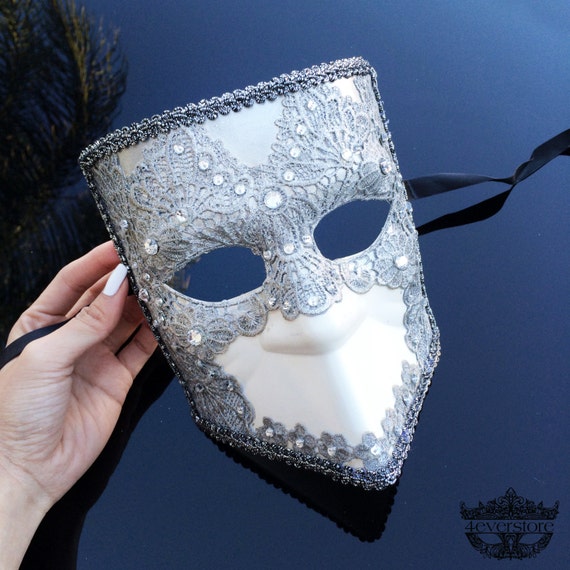 New Bauta Mask Masquerade Mask Ivory/Silver Themed Silver