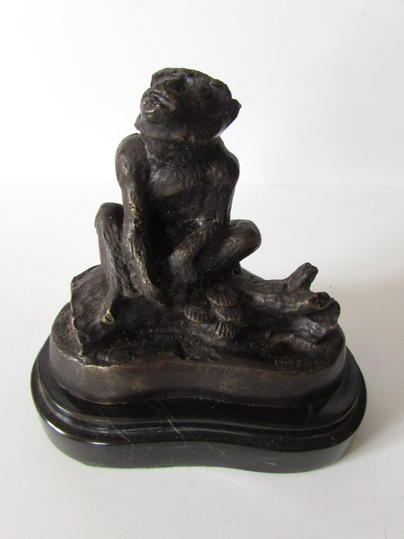 Vintage Bronze Sculpture of a Monkey / Ape marble plinth