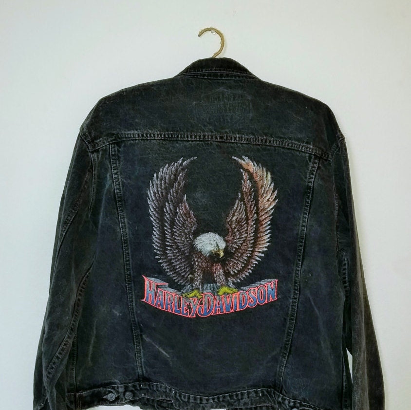 80s Harley Davidson Jean Jacket Denim Eagle Unisex Large