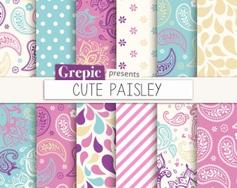 Paisley digital paper: "CUTE PAISLEY" in pink, turquoise, purple, paisley pattern, background, sweet, curly, swirls, drops, floral, girly