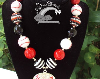 Chunky Bubblegum Bead Necklace / Baseball Inspired