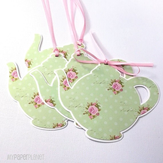 Floral Roses Teapot gift tags / favor tags pink by