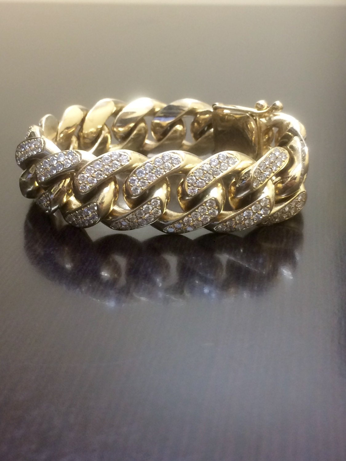 14K Yellow Gold Cuban Link Diamond Bracelet 14K Diamond
