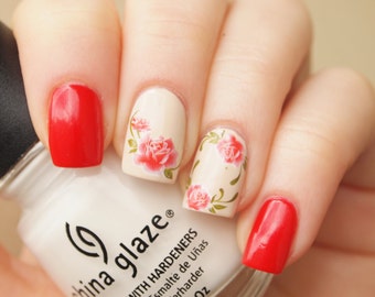 1 sheet of red rose nail art water decals/ 20pcs floral nail stickers/ Rose nail decals/ Floral nail decoration/ Nail stickers/ art. ble035