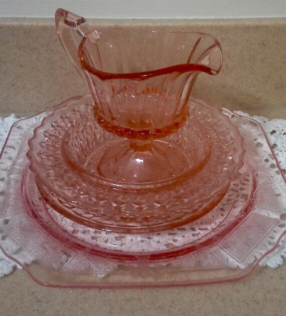 4 Piece Rose Pink Depression Glass Dinnerware Pink Depression