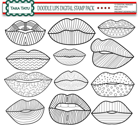 Doodle Lips Digital Stamp Pack 12 designs Lips Clip by TakaTatu