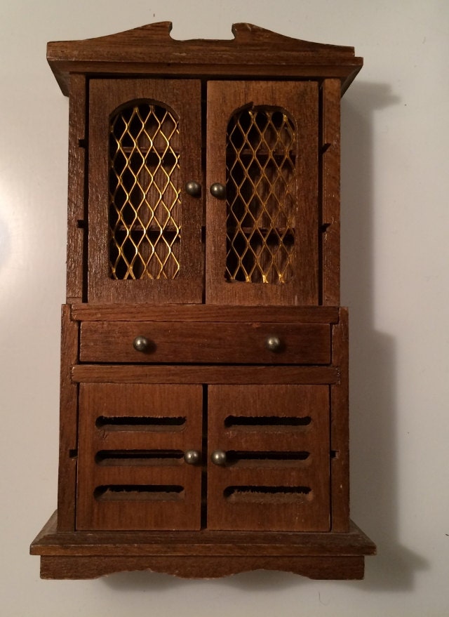 Vintage Dollhouse Wooden Credenza Wire Grid Doors Dining Room