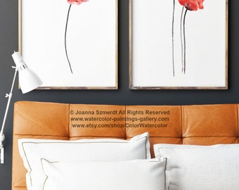 Red Poppy Watercolor Wall Art Print, Floral Wall Art, Home Decor Set of 2 Poppies Art Prints