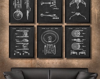 SET of 6 Star Trek Spaceship Posters, Vintage Patent Illustration, Art Print, Canvas, Wall Art Decor, Battle Cruisers, Star Trek Gift - s663