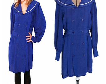 Vintage 1970s Royal Blue Sailor Collar Shirt Dress Size M